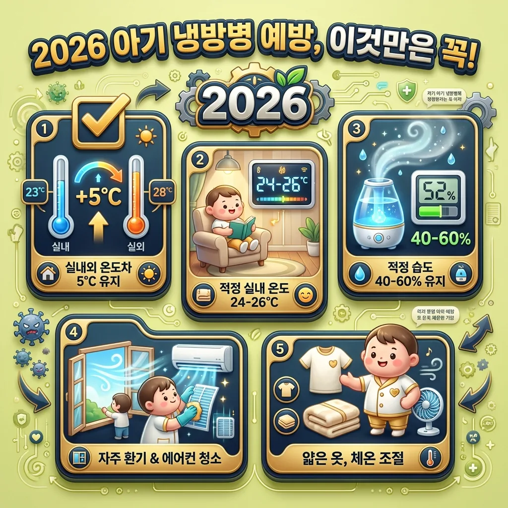 2026년 아기 냉방병 예방을 위한 필수 체크리스트 인포그래픽. 적정 실내외 온도와 습도 유지, 환기, 에어컨 관리, 옷차림 등 구체적인 예방 수칙을 안내합니다.