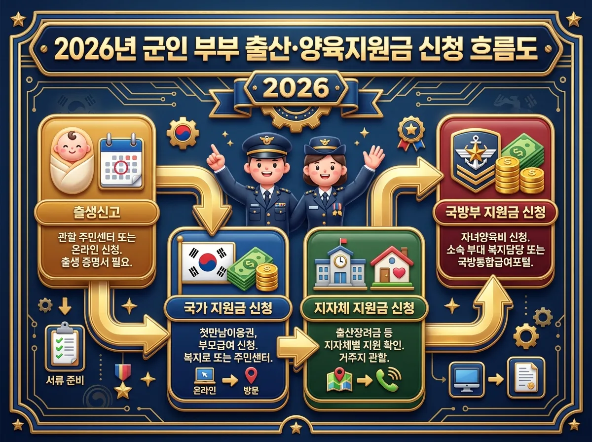 2026년 군인 부부를 위한 국방부와 지자체 출산·양육지원금의 주요 특징과 중복 수령 가능 여부를 비교 분석한 인포그래픽입니다. 각 지원금의 핵심 개념을 명확히 보여줍니다.