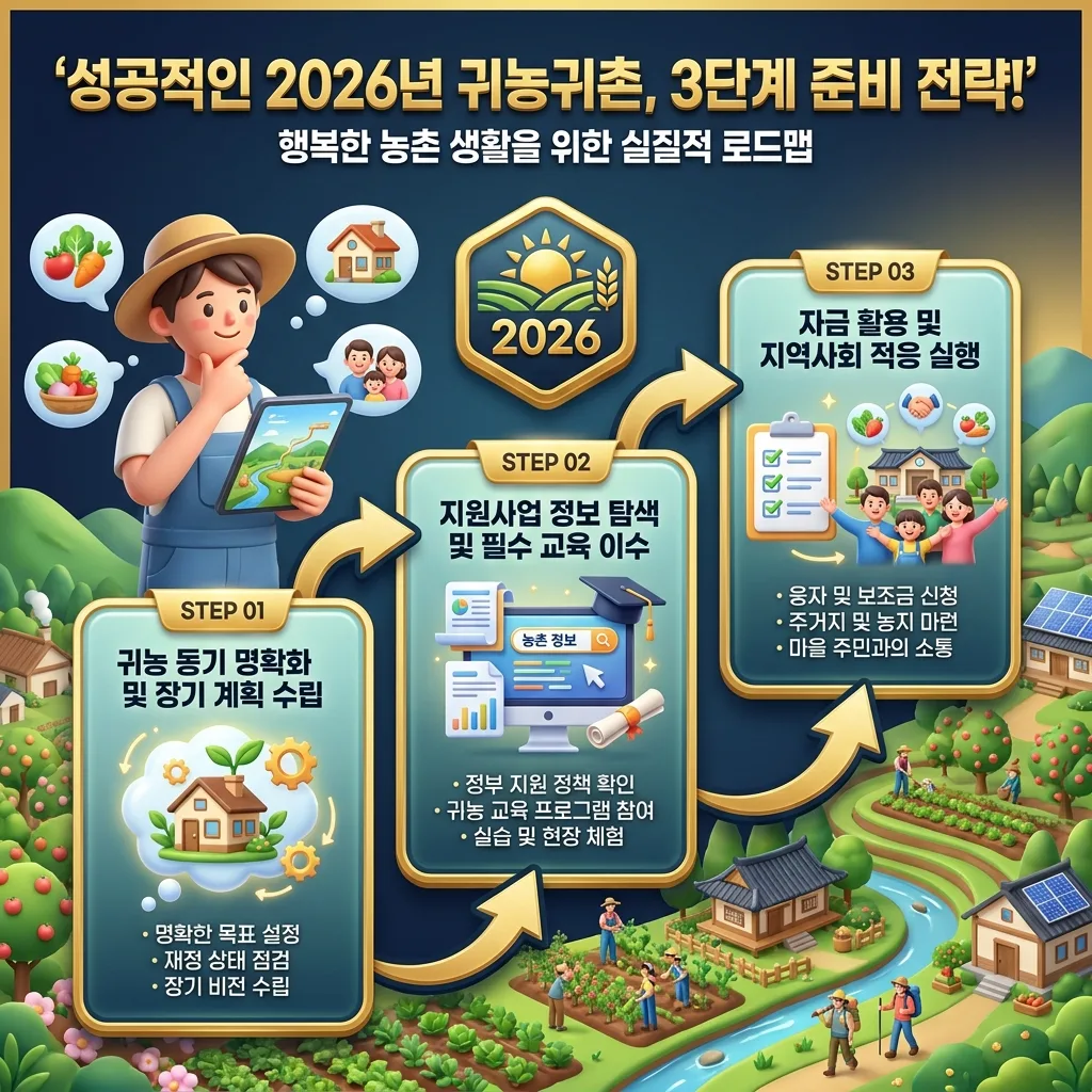 2026년 성공적인 귀농귀촌을 위한 3단계 준비 전략을 시각화한 인포그래픽 포스터. 동기 및 계획 수립, 정보 및 교육 이수, 체계적 실행 및 정착 단계를 상세히 설명하며, 각 단계별 아이콘과 함께 친근한 캐릭터가 성공적인 귀농귀촌 과정을 안내합니다.