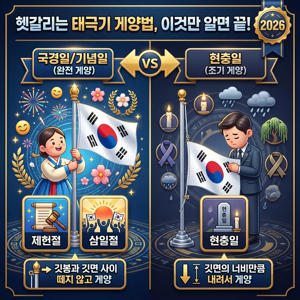 2026년 제헌절에 태극기를 올바르게 게양하는 4가지 절차를 시각적으로 설명하는 인포그래픽 포스터입니다. 태극기 상태 점검, 게양대 위치 선정 및 정리, 깃봉 연결, 규정에 따른 완전 게양의 각 단계를 친근한 캐릭터와 아이콘, 흐름 화살표, '2026'년도 배지를 통해 한눈에 볼 수 있도록 구성했습니다.