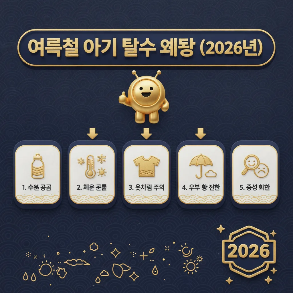 2026년 여름철 아기 탈수를 예방하기 위한 5가지 핵심 수칙을 단계별로 설명하는 인포그래픽. 각 단계는 아이콘과 함께 명확하게 제시되어 부모들이 쉽게 따라 할 수 있도록 돕습니다.