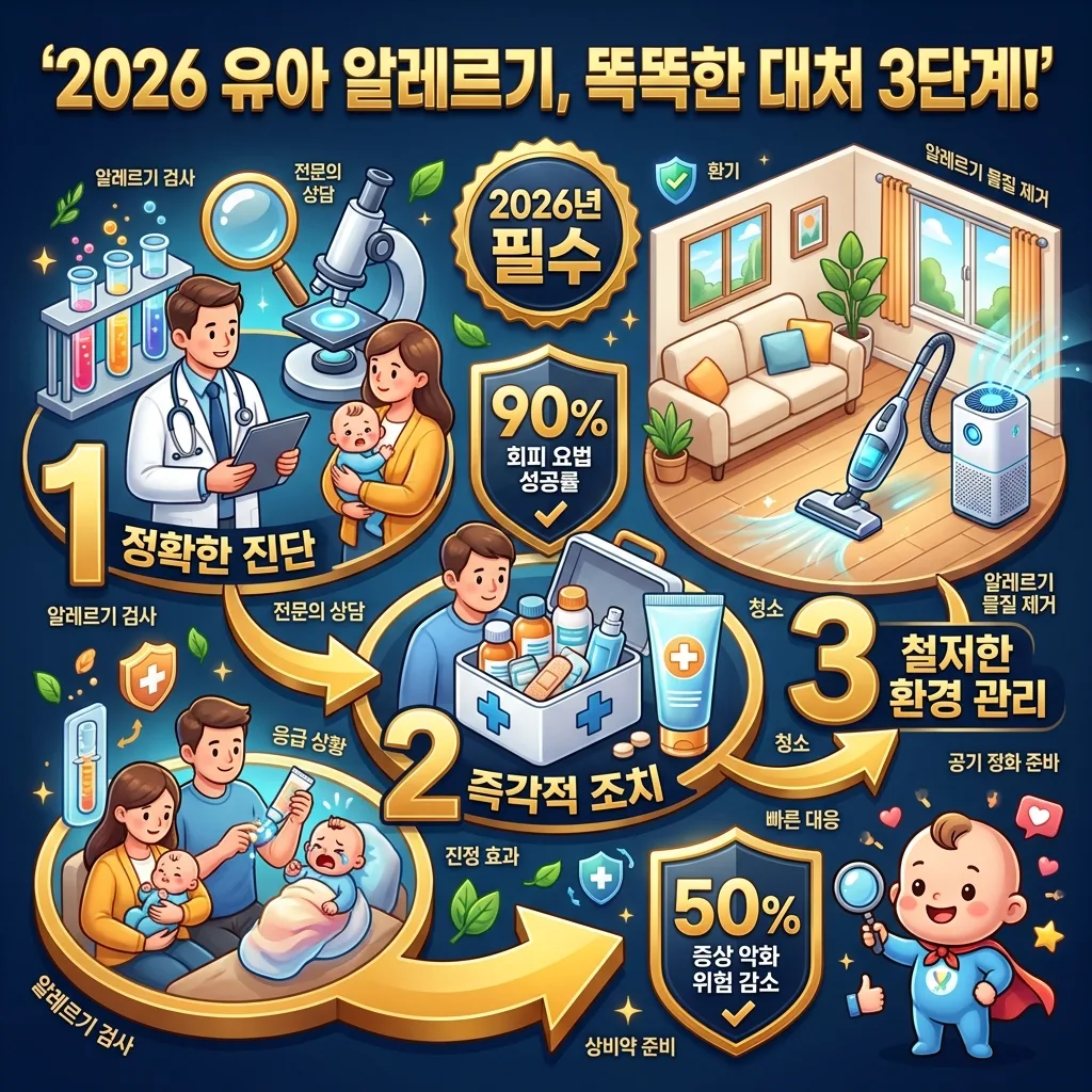 2026년 유아 알레르기 관리를 위한 3단계 대처법을 보여주는 인포그래픽. 정확한 진단, 즉각적 조치, 철저한 환경 관리 단계를 시각화하고, 회피 요법의 높은 성공률과 증상 악화 감소 효과를 강조합니다.