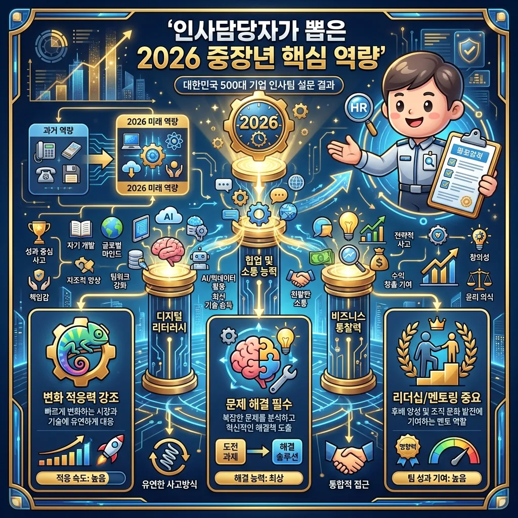 2026년 인사담당자가 중장년 재취업 지원자에게 기대하는 핵심 역량을 시각화한 인포그래픽. 변화 적응력, 문제 해결 능력, 리더십 등 주요 역량들이 아이콘과 함께 강조됩니다.