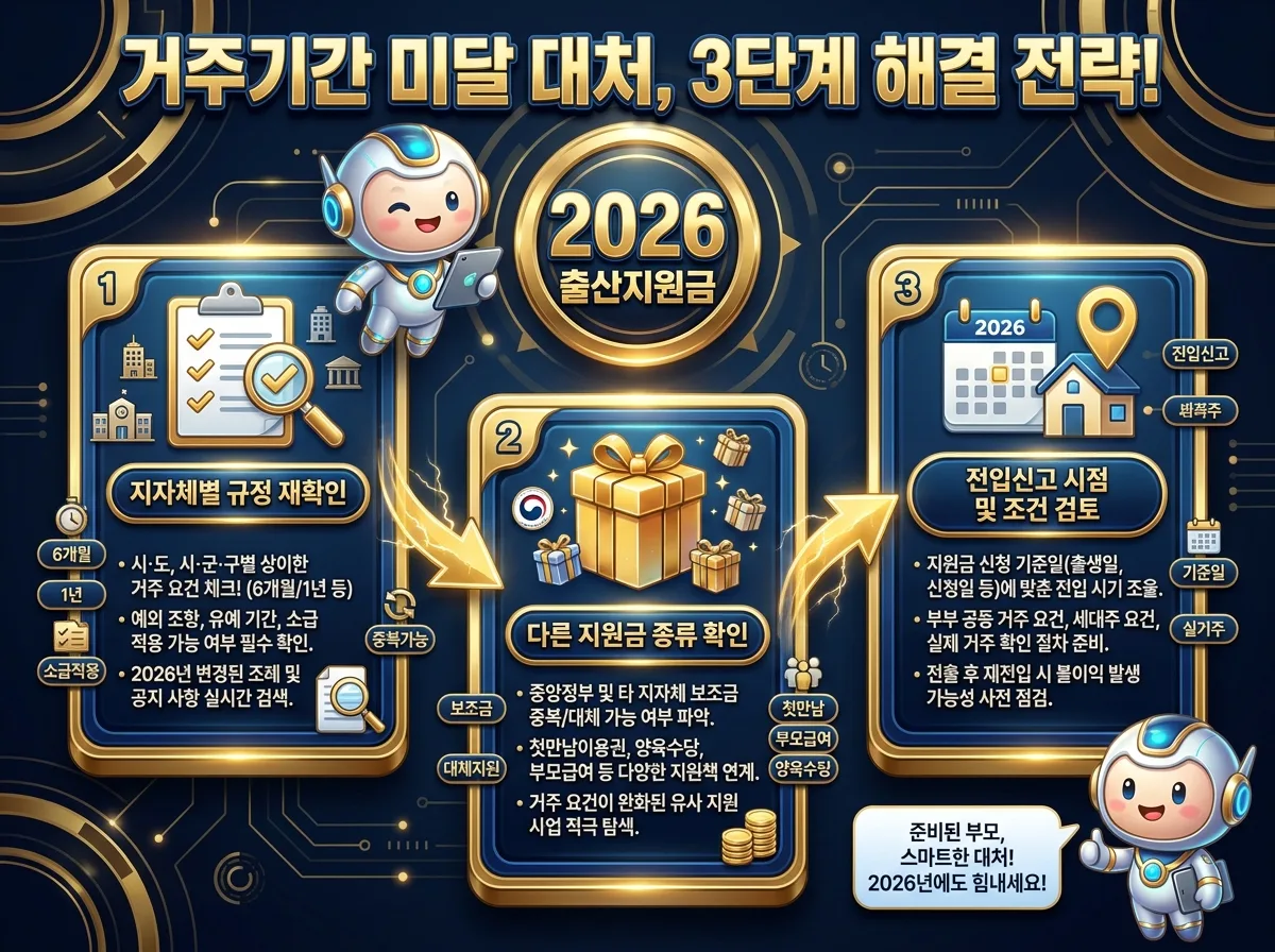 2026년 출산지원금 거주기간 조건 충족과 미달 시의 주요 차이점 및 대안을 비교하여 보여주는 정보성 인포그래픽.