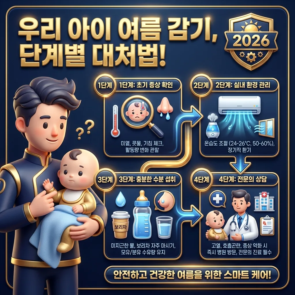 유아 여름 감기에 대한 부모님의 효과적인 단계별 대처법 인포그래픽입니다. '우리 아이 여름 감기, 단계별 대처법!' 헤더 아래 초기 증상 확인, 실내 환경 관리, 수분 섭취, 전문의 상담 등 핵심 단계를 번호와 아이콘으로 제시합니다. 실질적인 행동 지침을 시각적으로 강조합니다.