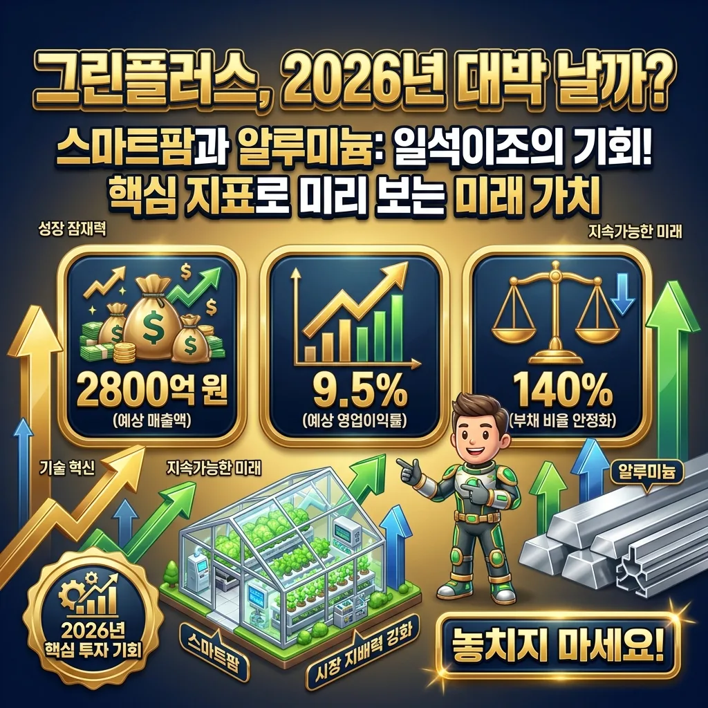 그린플러스의 스마트팜과 알루미늄 두 핵심 사업 부문의 경쟁력과 2026년 성장 동력을 시각적으로 비교 분석하며, 각 부문의 강점과 기회를 다양한 아이콘 및 텍스트로 가득 채운 인포그래픽 이미지.
