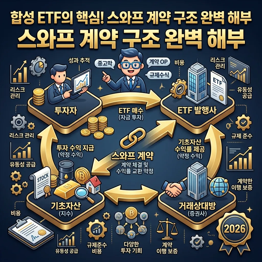 합성 ETF와 실물 ETF를 지수 추적 정확성, 거래상대방 위험, 자산군 접근성 세 가지 핵심 요소를 기준으로 명확하게 비교하는 인포그래픽 포스터. 2026년 현명한 투자 결정을 위한 중요한 정보를 한눈에 보여줍니다.