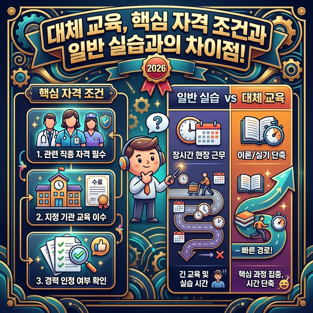 2026년 요양보호사 실습 대체 교육의 주요 자격 조건과 일반 실습과의 차이점을 명확히 보여주는 인포그래픽 포스터. 관련 전문직 자격, 지정 기관 교육 이수, 경력 인정 등 핵심 조건을 아이콘으로 설명하고, 일반 실습의 장시간 현장 근무와 대체 교육의 이론/실기 단축 과정을 비교 시각화한다.