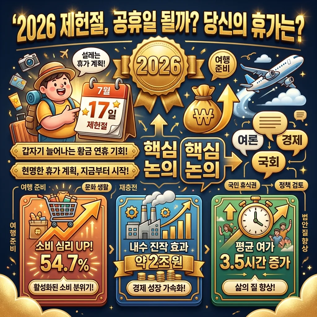 2026년 제헌절 공휴일 재지정 시 예상되는 경제적 영향을 비교하는 인포그래픽 포스터. '제헌절 공휴일, 경제에 어떤 영향을 줄까?'라는 헤더 아래, 공휴일 지정 시 소비 진작, 관광 활성화, 여가 증진 등 긍정적 효과를 아이콘과 한글 키워드로 시각화하여 보여준다. 친근한 3D 비즈니스 캐릭터와 '2026' 배지가 포함되어 있다.
