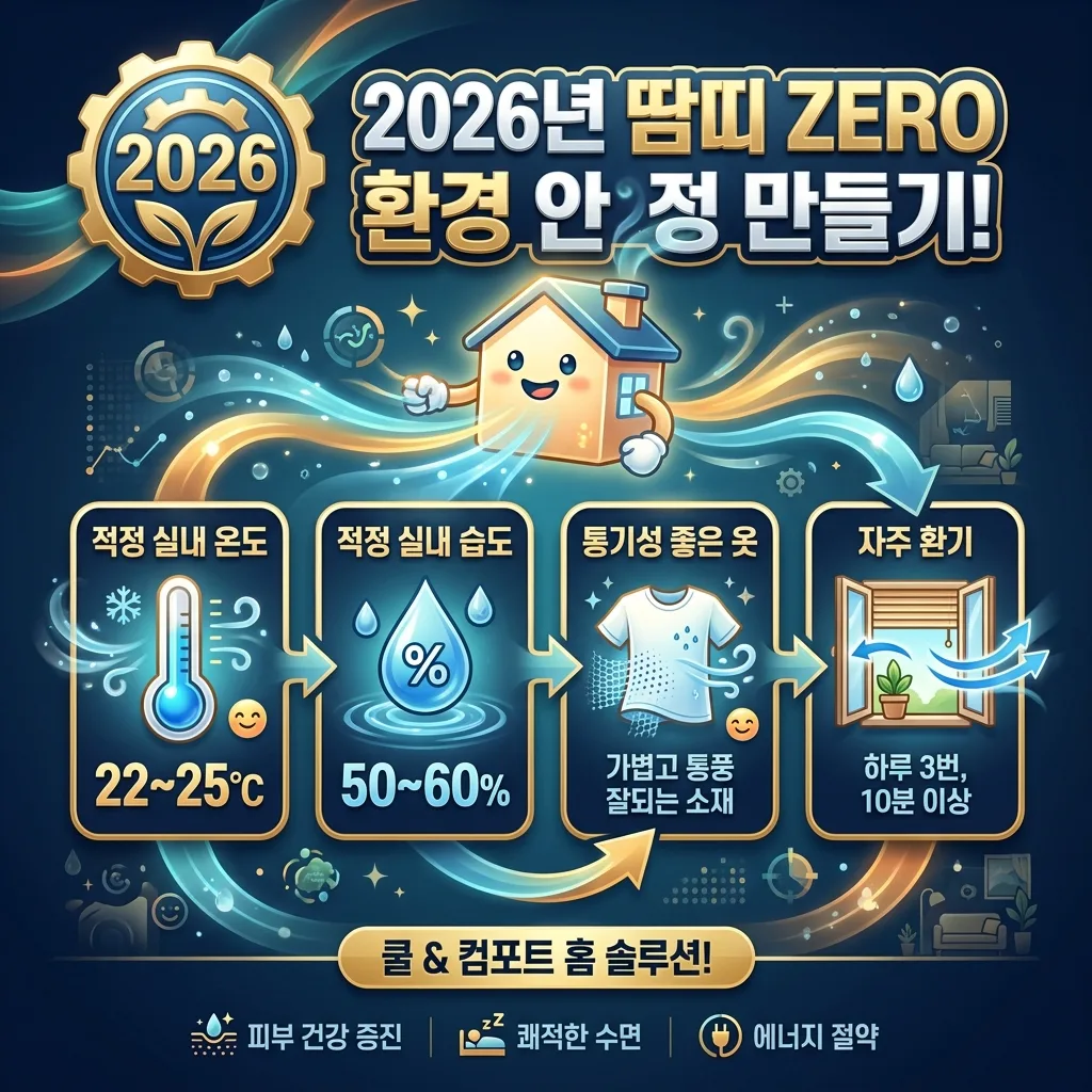 2026년 아기 땀띠 예방을 위한 환경 조성법을 담은 인포그래픽. 적정 실내 온도와 습도 유지, 통기성 좋은 옷 착용, 잦은 환기 등 필수 체크리스트를 시각화했습니다.