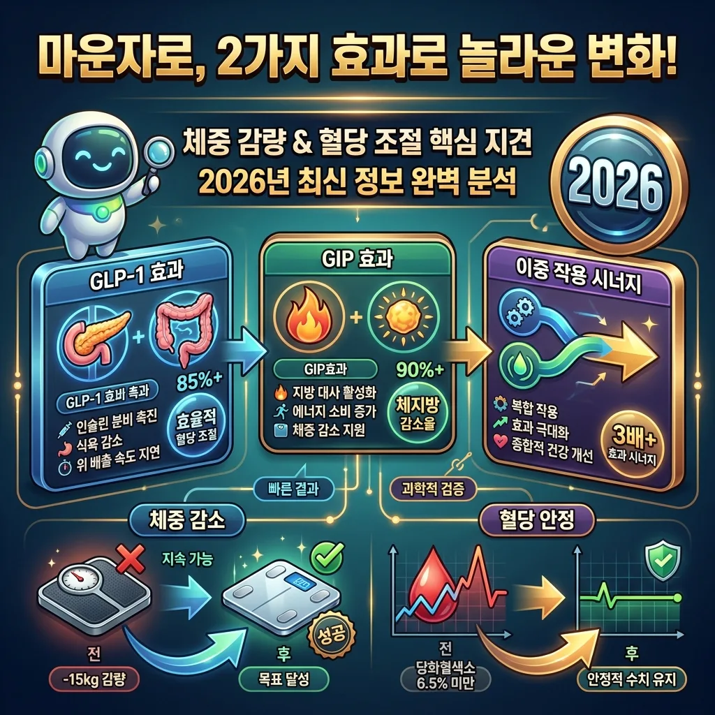 마운자로의 두 가지 핵심 효과인 체중 감량과 혈당 조절의 놀라운 변화를 보여주는 2026년 최신 정보 인포그래픽 포스터. GLP-1과 GIP의 시너지 작용을 귀여운 마스코트와 아이콘으로 설명하고 있습니다.