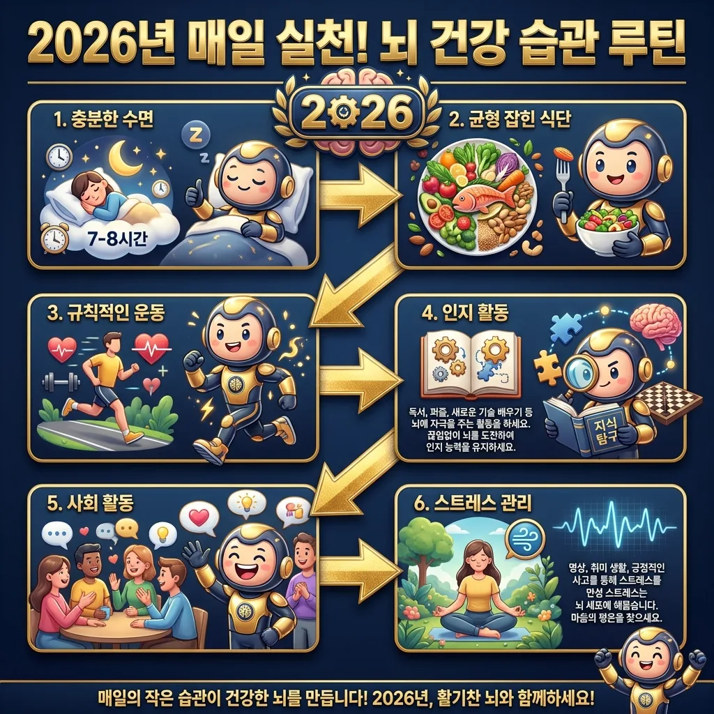2026년 중장년층을 위한 뇌 건강 습관 루틴을 단계별로 보여주는 인포그래픽 포스터입니다. 충분한 수면, 균형 잡힌 식단, 규칙적인 운동, 인지 및 사회 활동의 중요성을 강조합니다.