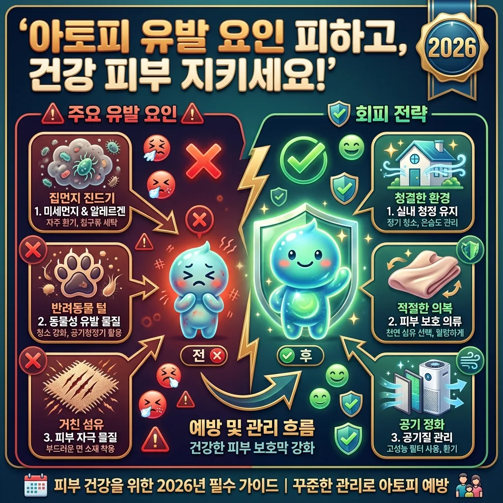 2026년 아기 아토피 유발 요인과 효과적인 회피 전략을 대비하여 보여주는 인포그래픽. 먼지, 알레르겐 같은 유발 요인을 피하고 청결한 환경과 적절한 의류로 피부를 보호하는 방법을 친근한 캐릭터와 아이콘으로 표현했습니다.