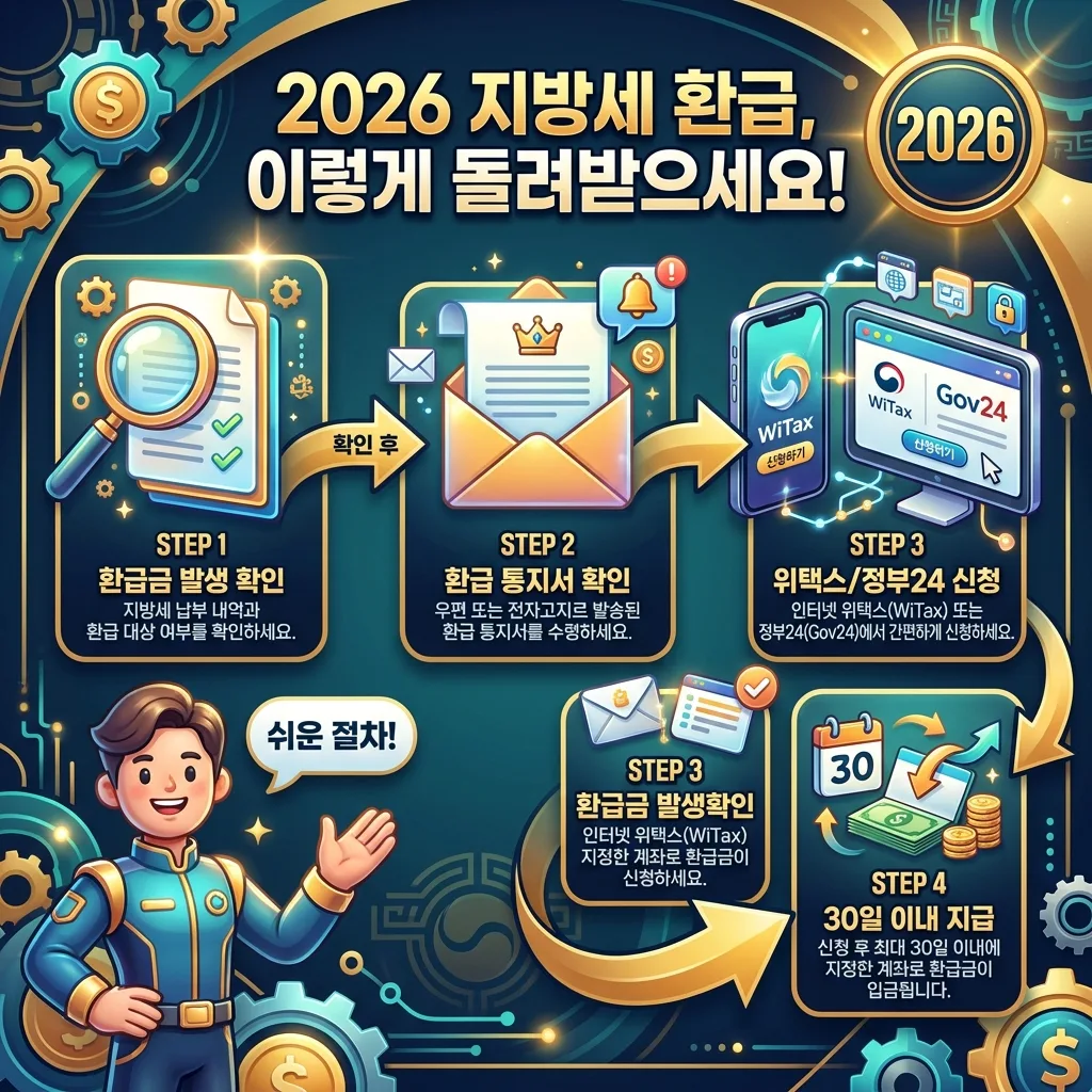 2026년 지방세 환급 절차를 단계별로 안내하는 인포그래픽 포스터. '2026 지방세 환급, 이렇게 돌려받으세요!'라는 헤더 아래 환급금 발생 확인, 환급 통지서 확인, 위택스/정부24 신청, 30일 이내 지급의 네 가지 단계가 화살표와 아이콘으로 시각화되어 있다. 친근한 캐릭터와 2026년 배지가 특징이다.