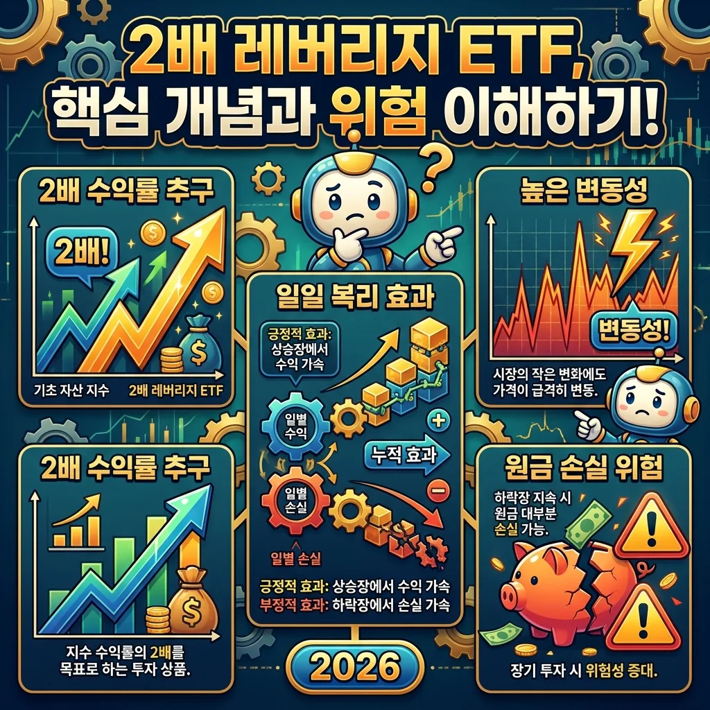2026년 2배 레버리지 ETF 투자를 위한 최적의 진입 시점을 3단계 전략으로 설명하는 인포그래픽. 시장 상승 추세 확인, 단기 조정 후 반등, 주요 경제 이벤트 직전 예측의 중요성을 시각화한다.