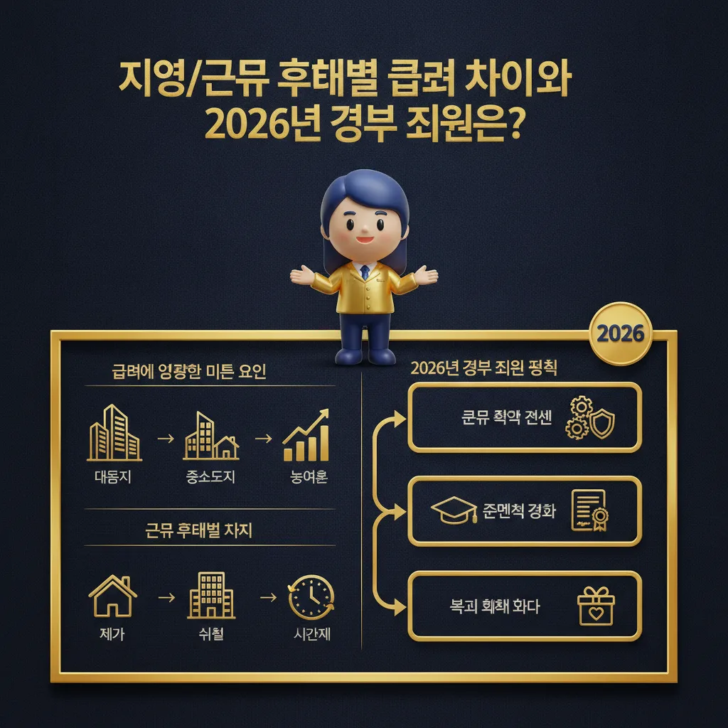 2026년 요양보호사 급여가 지역과 근무 형태에 따라 어떻게 달라지는지 시각적으로 보여주고, 정부의 처우 개선 지원 정책을 설명하는 인포그래픽 포스터입니다. 추상적인 지역 아이콘과 재가/시설/시간제 등 근무 형태별 아이콘이 급여 차이를 나타내며, 근무 환경 개선, 전문성 강화, 복지 혜택 확대 등 세 가지 주요 정부 정책을 아이콘과 함께 명확히 제시합니다. 2026년 배지가 강조되어 있습니다.