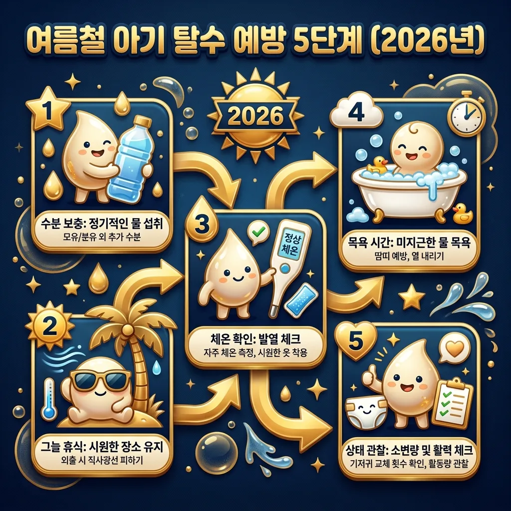 2026년 기준 여름철 아기 탈수 시 경구 수액의 올바른 사용법과 연령별 권장량을 비교하여 보여주는 인포그래픽. 각 연령대별 적절한 보충량을 쉽게 이해할 수 있도록 아이콘과 숫자로 시각화했습니다.