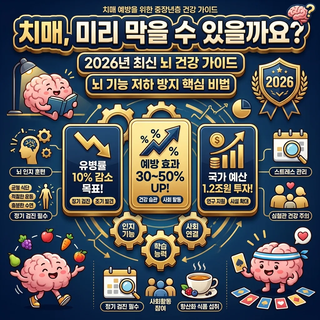 2026년 중장년층 치매 예방의 최신 뇌 건강 가이드와 핵심 비법을 소개하는 활기찬 인포그래픽 포스터입니다. 치매 유병률 감소 목표와 예방 효과 증대를 강조하며, 국가 예산 투자 정보를 담고 있습니다.