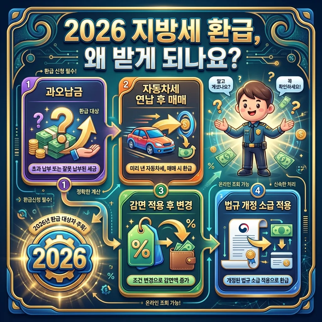 2026년 지방세 환급의 주요 사유를 설명하는 풍부한 인포그래픽. '2026 지방세 환급, 왜 받게 되나요?' 헤더 아래 과오납금, 자동차세 연납 후 매매, 감면 적용 후 변경, 법규 개정 소급 적용 등 네 가지 이유가 아이콘과 함께 명확하게 제시되어 있다. 3D 캐릭터와 2026년 배지가 정보를 시각적으로 돕는다.