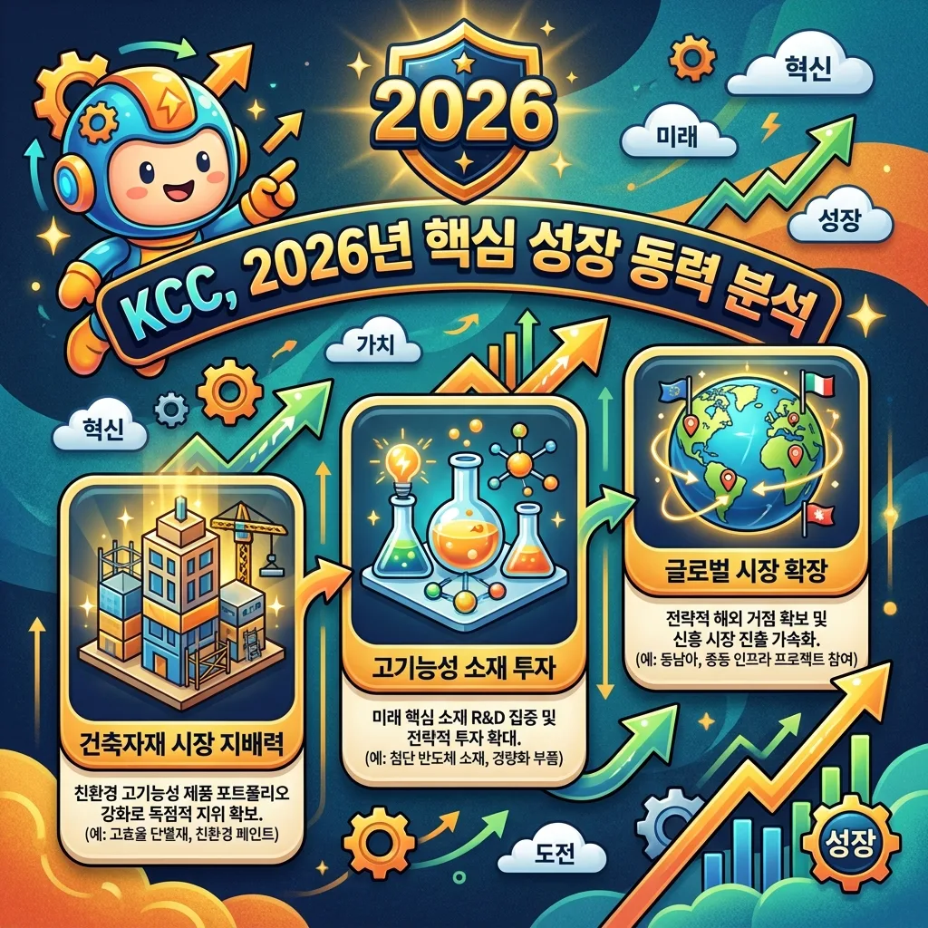 KCC 투자 시 고려해야 할 핵심 점검 사항을 보여주는 인포그래픽으로, 'KCC 투자, 이것만은 꼭 확인하세요!'라는 한글 제목과 함께 국내외 건축 경기, 원자재 가격 변동성, 경쟁사 기술력, 고기능성 소재 R&D 성과를 아이콘으로 시각화한 그림입니다. 3D 캐릭터와 2026년 배지가 포함됩니다.