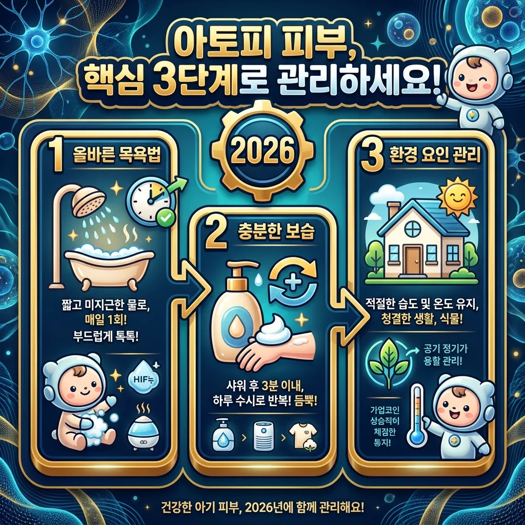 2026년 아기 아토피 피부 관리의 핵심 3단계를 시각화한 인포그래픽. 올바른 목욕법, 충분한 보습, 환경 요인 관리 단계를 친근한 캐릭터와 아이콘, 흐름 화살표를 통해 상세하게 설명합니다.