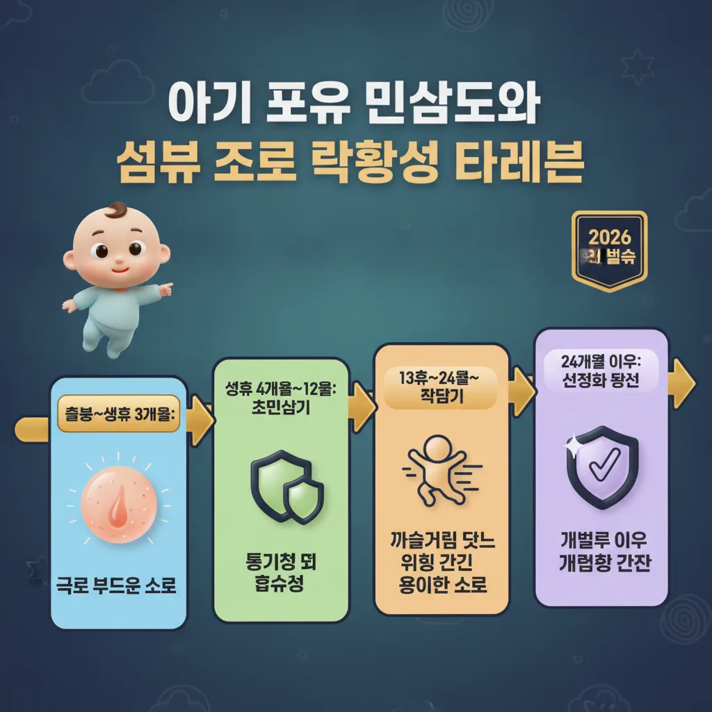 2026년 최신 분석을 기반으로, 아기 피부 민감도와 섬유 소재 반응성 타임라인을 4단계로 시각화한 인포그래픽. 각 시기별 피부 특성과 권장 이불 소재의 중요성을 한눈에 보여줍니다.