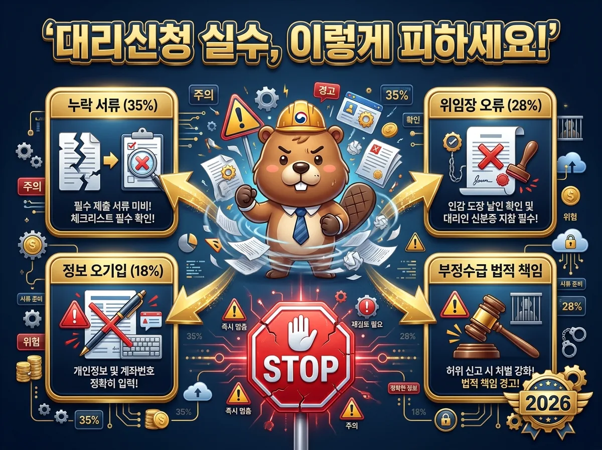 2026년 효사랑 지원금 대리신청의 전체 절차를 5단계로 나누어 설명하는 상세 인포그래픽 포스터입니다. 친근한 캐릭터가 각 단계를 안내하며, 자격 확인부터 서류 준비, 위임장 작성, 신청 및 제출, 결과 확인까지의 과정을 명확한 아이콘과 설명으로 보여줍니다.