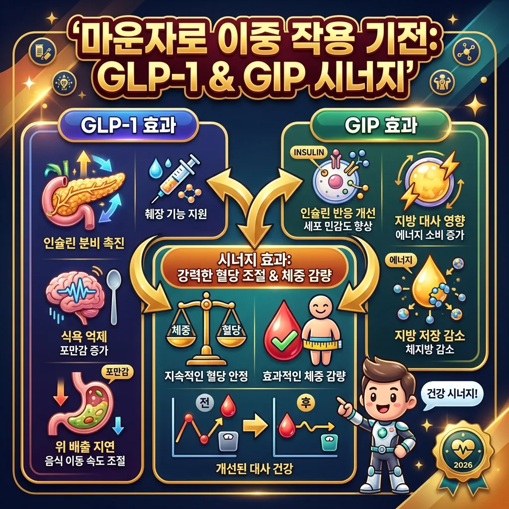 마운자로가 체중 감량과 혈당 조절에 미치는 이중 작용 기전을 GLP-1과 GIP의 시너지 효과로 시각화한 꽉 찬 인포그래픽 포스터. 각 작용 원리를 아이콘과 한글 라벨로 상세히 설명합니다.