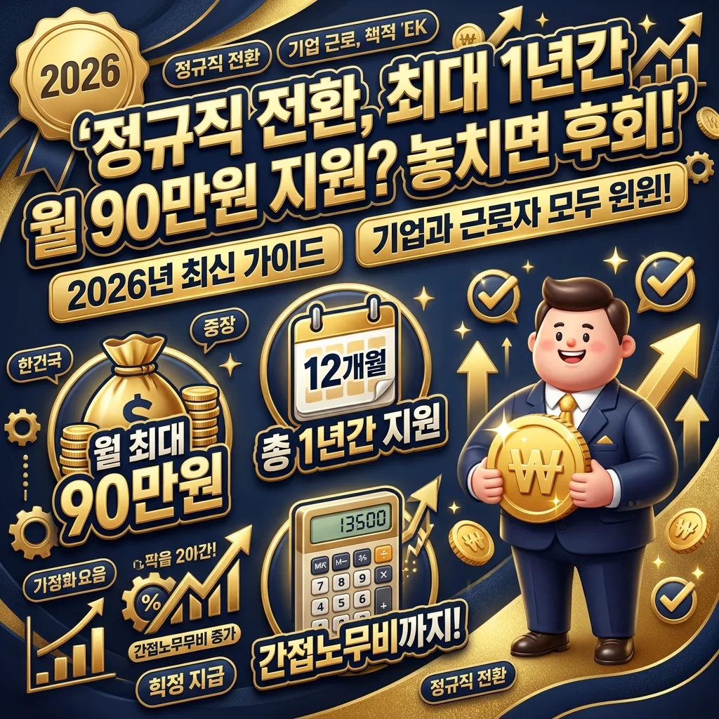 2026년 정규직 전환 지원금의 핵심 정보를 요약한 인포그래픽 썸네일. '정규직 전환, 최대 1년간 월 90만원 지원? 놓치면 후회!'라는 큰 한글 제목과 함께, 월 최대 지원금, 총 지원 기간, 지원 대상 내용이 아이콘과 숫자로 표현되어 있다. 친근한 3D 카툰 캐릭터가 돈 주머니를 들고 있고, '2026'년도 배지가 강조된 포스터 디자인이다.