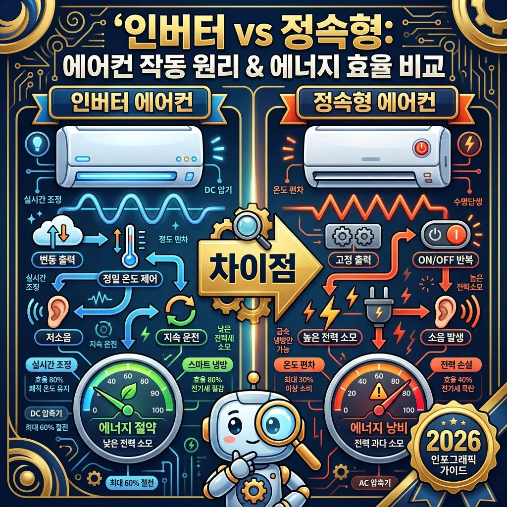 2026년 기준, 인버터 에어컨과 정속형 에어컨의 작동 원리 및 에너지 효율 차이를 명확하게 비교하는 인포그래픽 이미지. 인버터의 가변 출력과 정밀 제어, 정속형의 고정 출력과 ON/OFF 반복으로 인한 전력 소모와 소음 차이를 시각적으로 설명하여 에어컨 선택에 도움을 줍니다.