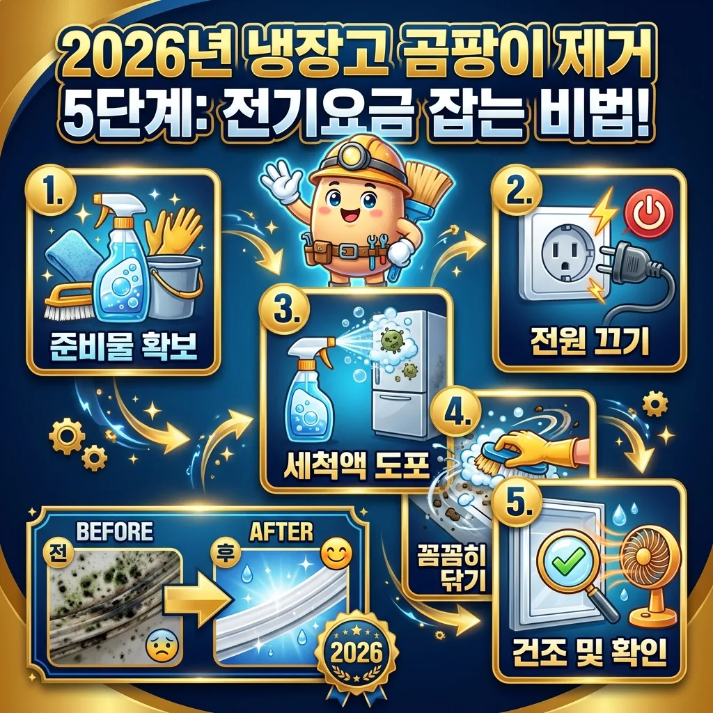 2026년 냉장고 고무패킹 곰팡이를 효과적으로 제거하고 관리하여 전기요금 절약을 돕는 5단계 방법을 시각적으로 안내하는 인포그래픽.