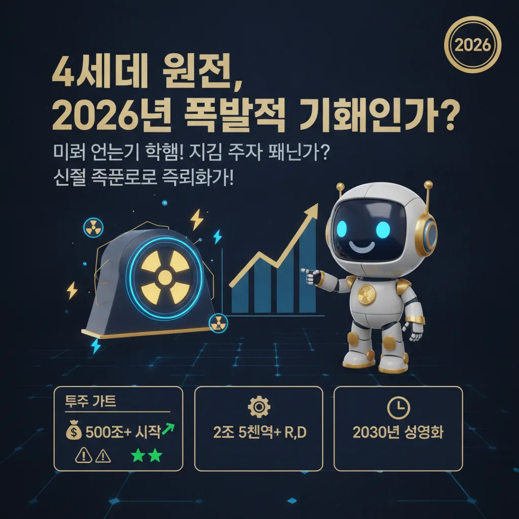 2026년 4세대 원전 투자 기회를 분석하는 인포그래픽 포스터. '4세대 원전, 폭발적 기회인가?'라는 거대한 한글 제목 아래, 친근한 로봇 캐릭터가 500조 시장 규모, 2조 5천억 R&D 예산, 2030년 상용화 시점 등 핵심 데이터를 시각화한 정보 카드와 함께 미래 에너지 투자 전략을 제시하고 있다. 2026년 배지가 강조되어 있다.