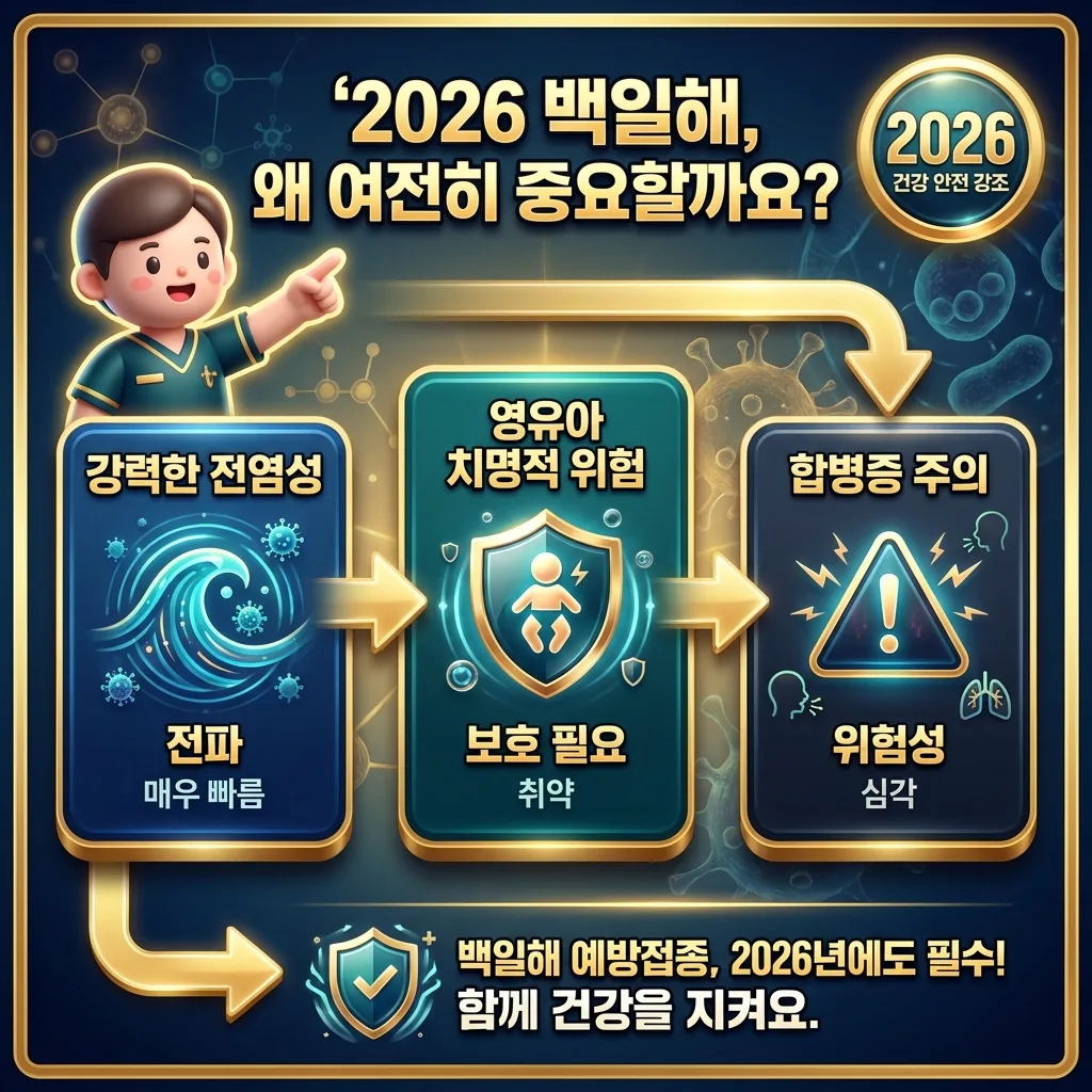 2026년 백일해가 여전히 중요한 이유를 설명하는 인포그래픽으로, 강력한 전염성, 영유아의 취약성, 합병증 위험 세 가지 핵심 요소를 시각적으로 보여줍니다.