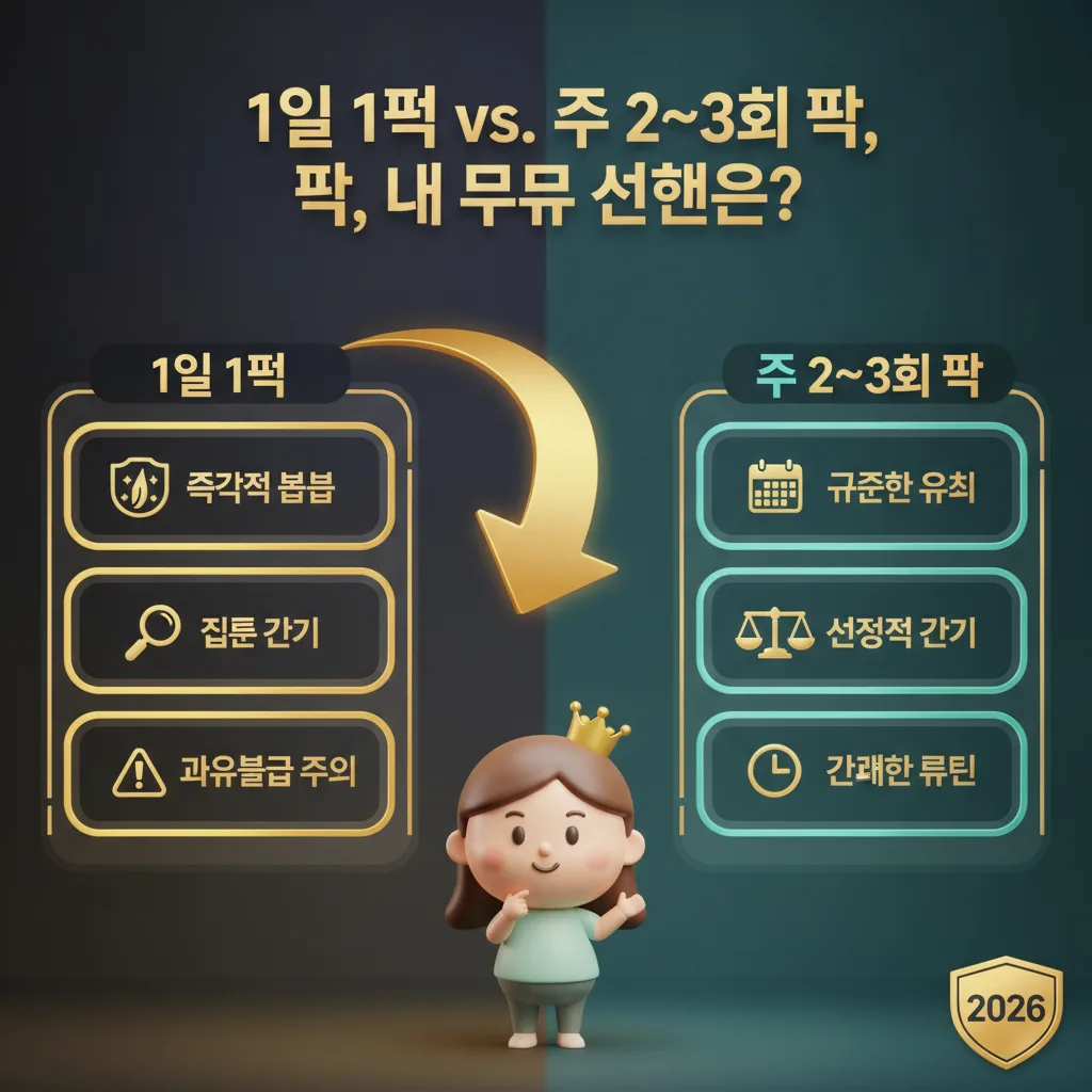 1일 1팩과 주 2~3회 팩의 장단점을 비교하여 내 피부에 맞는 현명한 선택을 돕는 인포그래픽 이미지입니다.