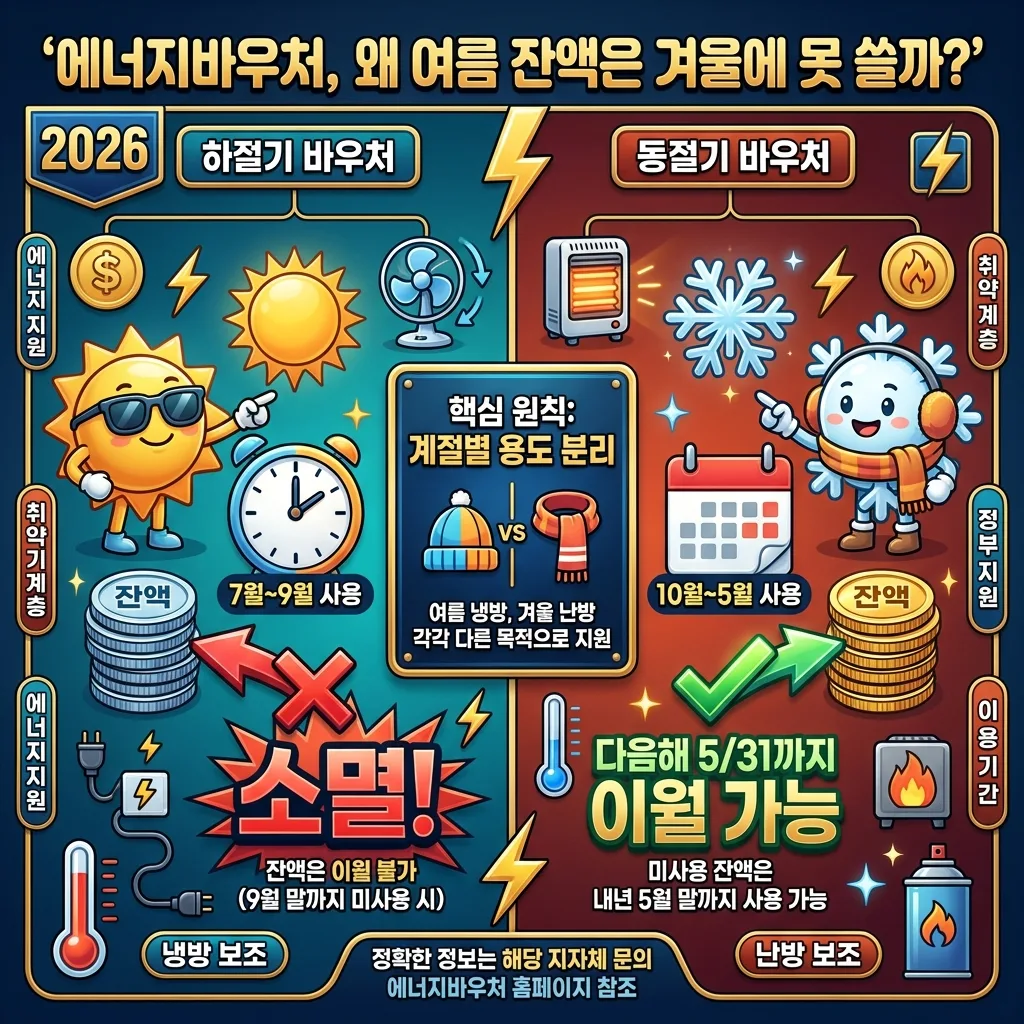 2026년 에너지바우처를 현명하게 활용하는 세 가지 팁을 담은 인포그래픽 포스터. 하절기에는 전기요금 차감 및 냉방 에너지 구매로 시원한 여름을, 동절기에는 다양한 난방 수단 지원으로 따뜻한 겨울을 보낼 수 있다는 정보가 시각화되어 있습니다. 미사용 동절기 잔액은 다음 해 5월 31일까지 활용하라는 팁도 포함되어 있습니다. 친근한 3D 캐릭터가 유용한 정보를 설명하고 있습니다.