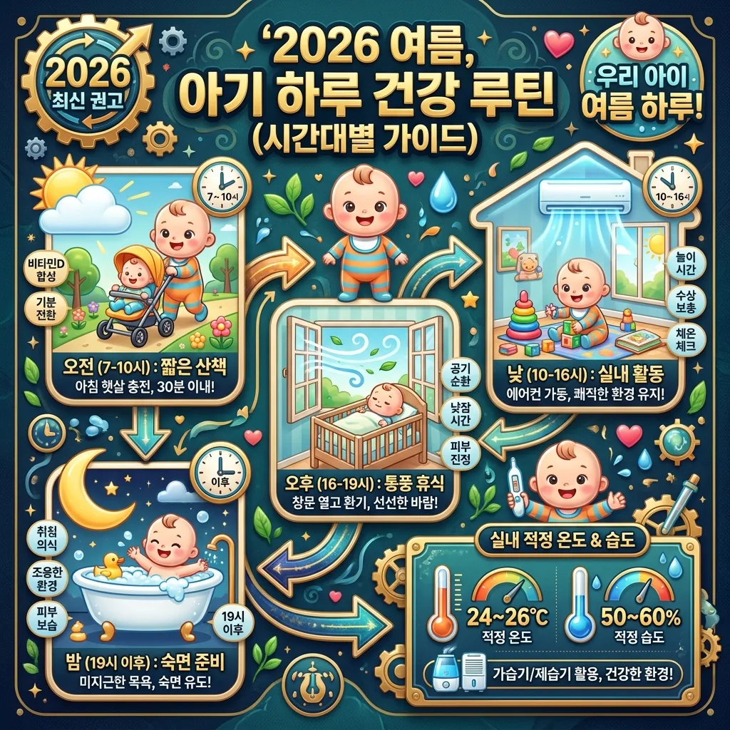 2026년 여름철 아기의 하루 건강 루틴을 시간대별로 안내하는 인포그래픽. 오전 산책, 낮 실내 활동, 밤 숙면 준비 등의 한글 팁과 아이콘, 실내 적정 온도가 상세히 포함된 정보성 포스터.