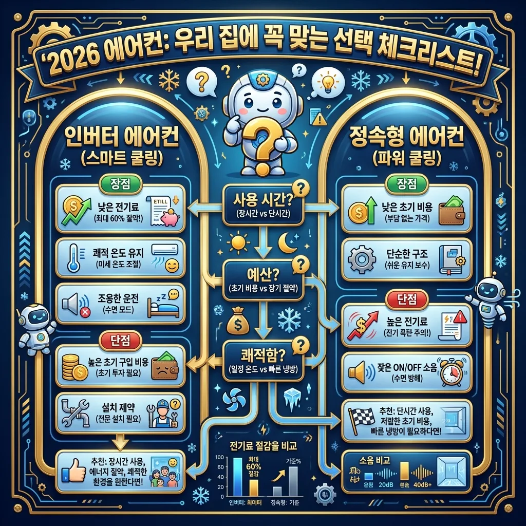 2026년 최신 기준으로 우리 집에 가장 적합한 에어컨을 선택하기 위한 체크리스트 인포그래픽. 인버터 에어컨과 정속형 에어컨의 주요 장점과 단점을 한눈에 비교하고, 사용 환경과 예산에 따른 현명한 선택 기준을 시각적으로 제시하여 구매 결정을 돕는 정보성 포스터입니다.