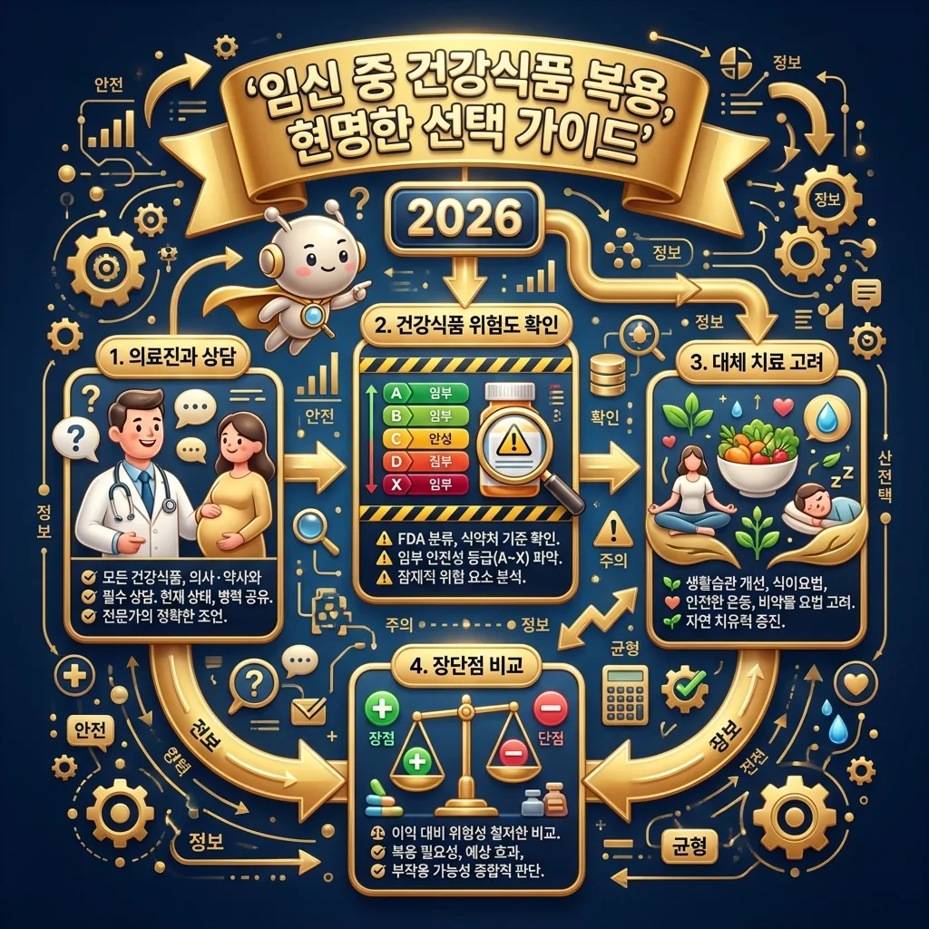 임신 중 약물 복용을 결정하기 전 의료진 상담, 약물 위험도 확인, 대체 치료 고려 등 필수적인 4단계 과정을 안내하는 인포그래픽 가이드입니다.