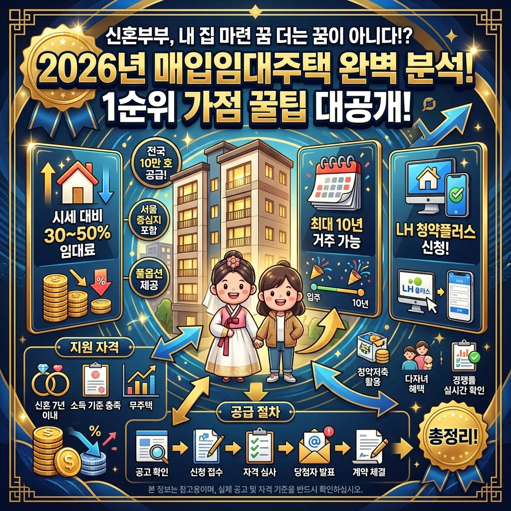 2026년 청년 신혼부부 매입임대주택의 기본 자격 요건과 입주 우선순위 가점 항목을 친근한 캐릭터와 함께 시각화한 인포그래픽.