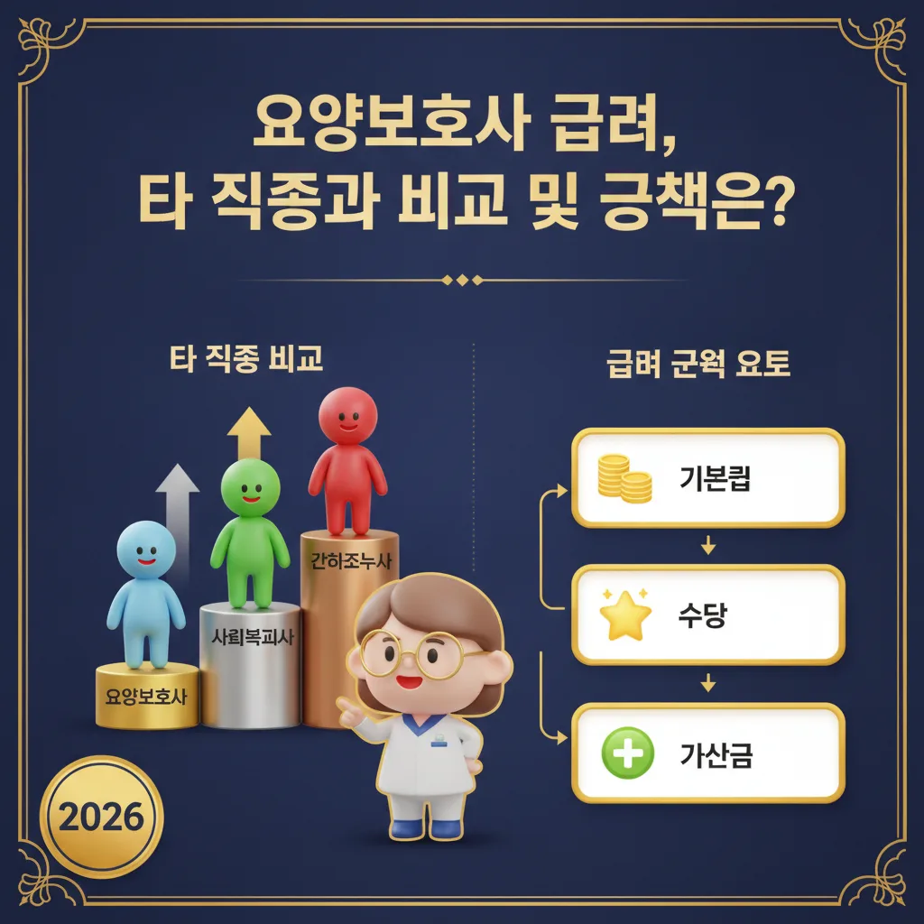 2026년 요양보호사 급여 수준을 사회복지사, 간호조무사 등 타 직종과 비교하고, 급여를 구성하는 기본급, 수당, 가산금 요소를 시각적으로 설명하는 인포그래픽 포스터입니다. 친근한 3D 카툰 캐릭터가 등장하여 정보를 안내하며, 각 직종별 급여 수준 차이와 급여 구성 요소를 아이콘과 함께 명확하게 보여줍니다. 2026년 배지가 포함되어 있습니다.