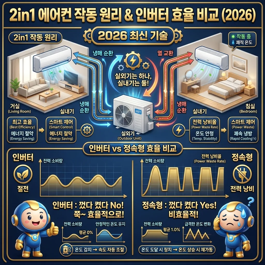 2026년 2in1 에어컨의 작동 원리와 인버터 및 정속형 에어컨의 소비 전력 효율 차이를 시각화한 인포그래픽. 실외기와 실내기 연결 다이어그램과 인버터의 효율적인 전력 곡선, 정속형의 비효율적인 전력 곡선을 대비하여 이해를 돕습니다.