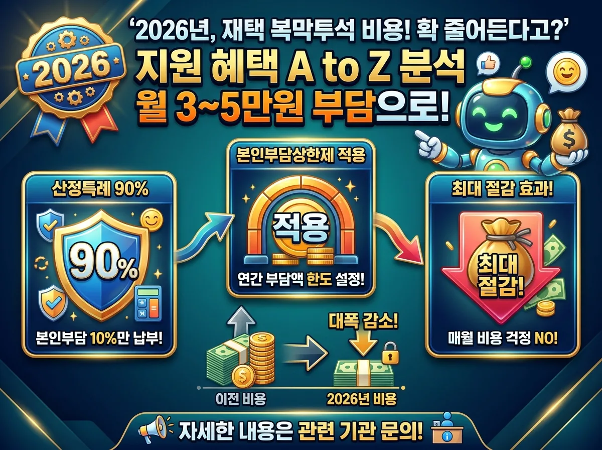 2026년 재택 복막투석 환자가 받을 수 있는 비용 절감 혜택을 시각화한 인포그래픽 포스터. 산정특례와 본인부담상한제로 월 자부담이 크게 줄어드는 내용을 담고 있습니다.