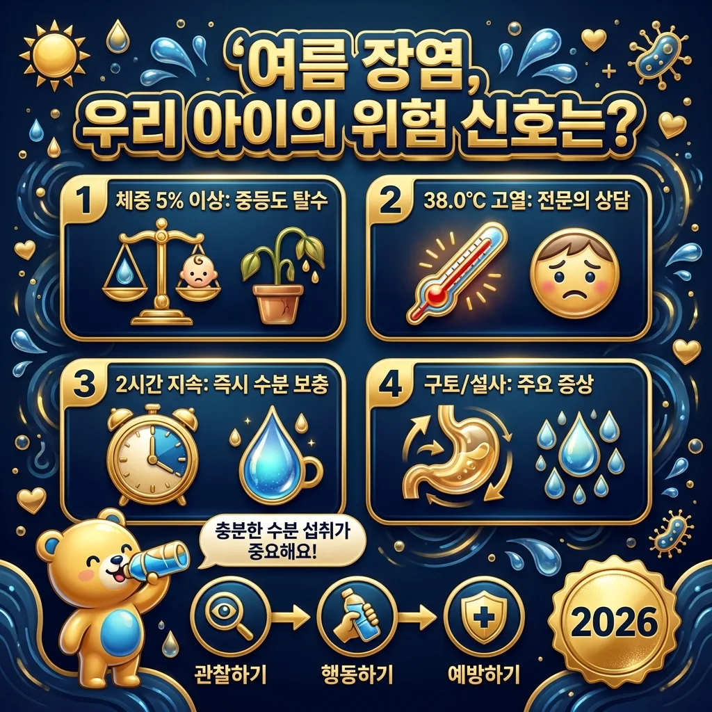 영유아 여름 장염의 주요 위험 신호와 증상, 그리고 탈수 정도를 확인하고 대처하는 방법을 시각적으로 설명하는 인포그래픽 포스터입니다. 체중 손실, 고열, 구토 및 설사 지속 시간 등 중요한 수치를 강조합니다.