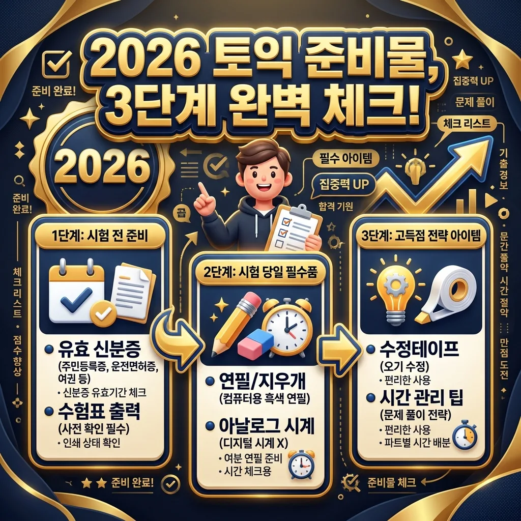 2026년 토익 시험 준비물을 시험 전, 당일, 고득점 전략 세 가지 단계로 나누어 체크리스트 형태로 시각화한 인포그래픽 포스터입니다.