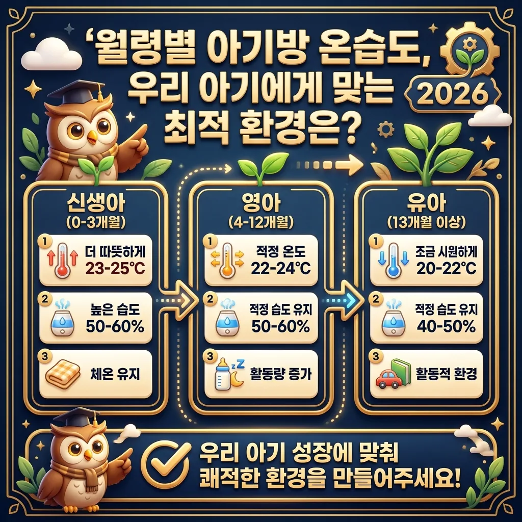 2026년 월령별 아기방 온도 및 습도 조절 가이드 인포그래픽. 신생아, 영아, 유아 각 단계별로 온도와 습도 조절의 중요성과 변화 추이를 아이콘과 간결한 한글 텍스트로 설명하고 있습니다. '2026' 배지가 포함된 정보성 포스터입니다.