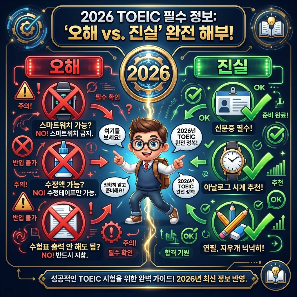 2026년 토익 시험 준비물과 관련하여 수험생들이 흔히 가지는 오해와 정확한 사실을 비교하여 보여주는 정보성 인포그래픽입니다.