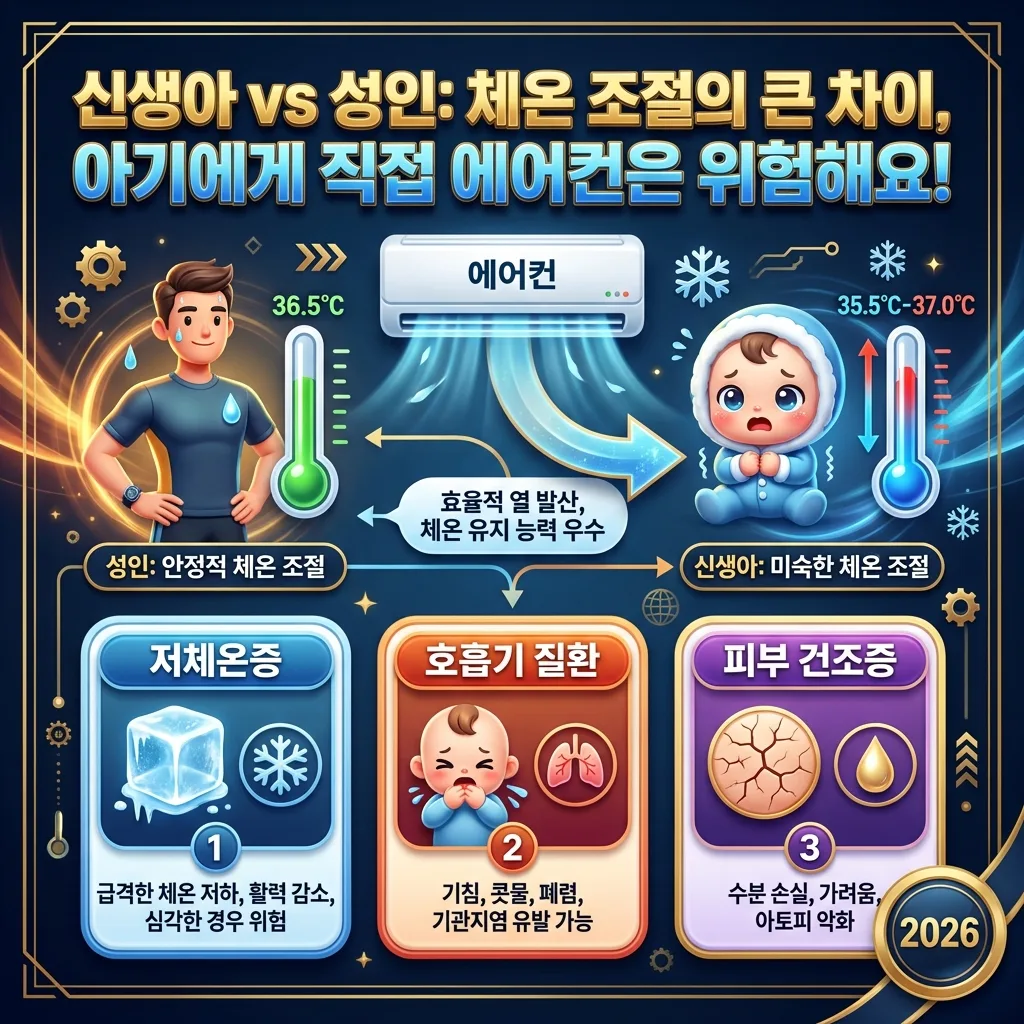 신생아와 성인의 체온 조절 능력 차이와 에어컨 직풍 노출 시 신생아에게 나타날 수 있는 주요 증상 3가지를 보여주는 비교 인포그래픽.
