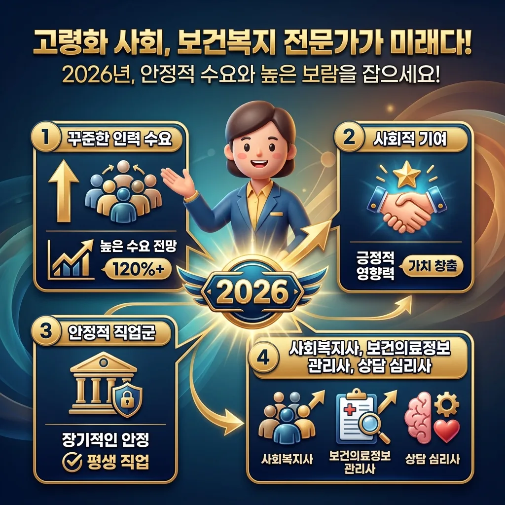 고령화 사회에서 보건복지 전문가가 미래 직업으로 떠오르며 꾸준한 인력 수요, 사회적 기여, 안정적 직업군임을 강조하는 인포그래픽 포스터로, 사회복지사와 같은 직업군이 소개되어 있습니다.