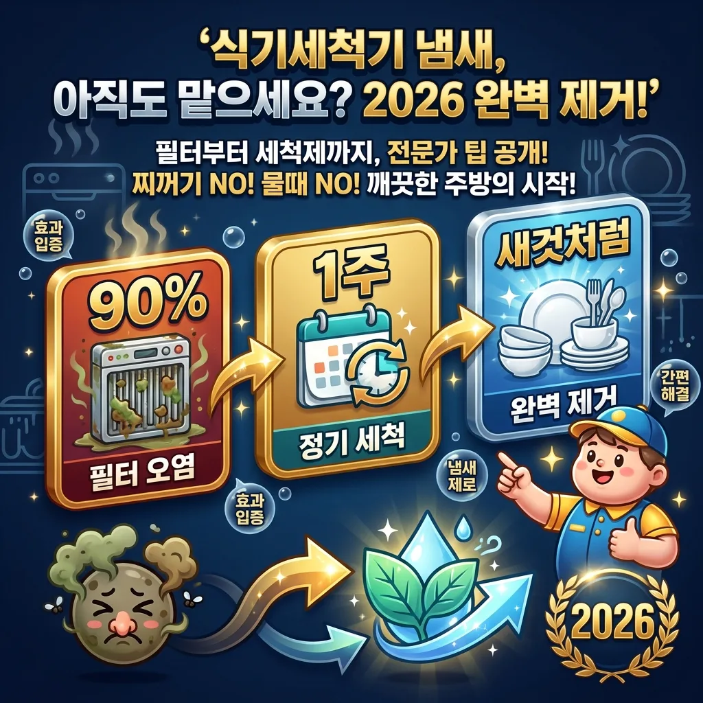 2026년 식기세척기 잔여 음식물 냄새를 완벽하게 제거하는 방법을 알려주는 인포그래픽 포스터. 필터 청소부터 세척제 선택까지 전문가 팁과 핵심 수치를 담고 있습니다.