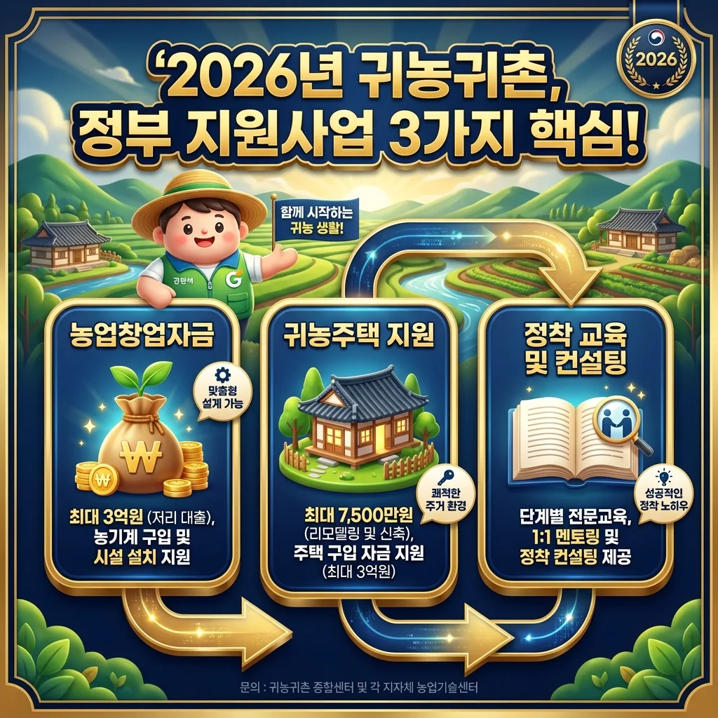 2026년 귀농귀촌 정부 지원사업의 주요 3가지 핵심을 시각화한 인포그래픽 포스터. 농업창업자금, 귀농주택 지원, 정착 교육 및 컨설팅의 내용을 담은 정보 카드들이 친근한 캐릭터와 함께 상세히 설명되어 있으며, 종합적인 지원 체계를 보여줍니다.